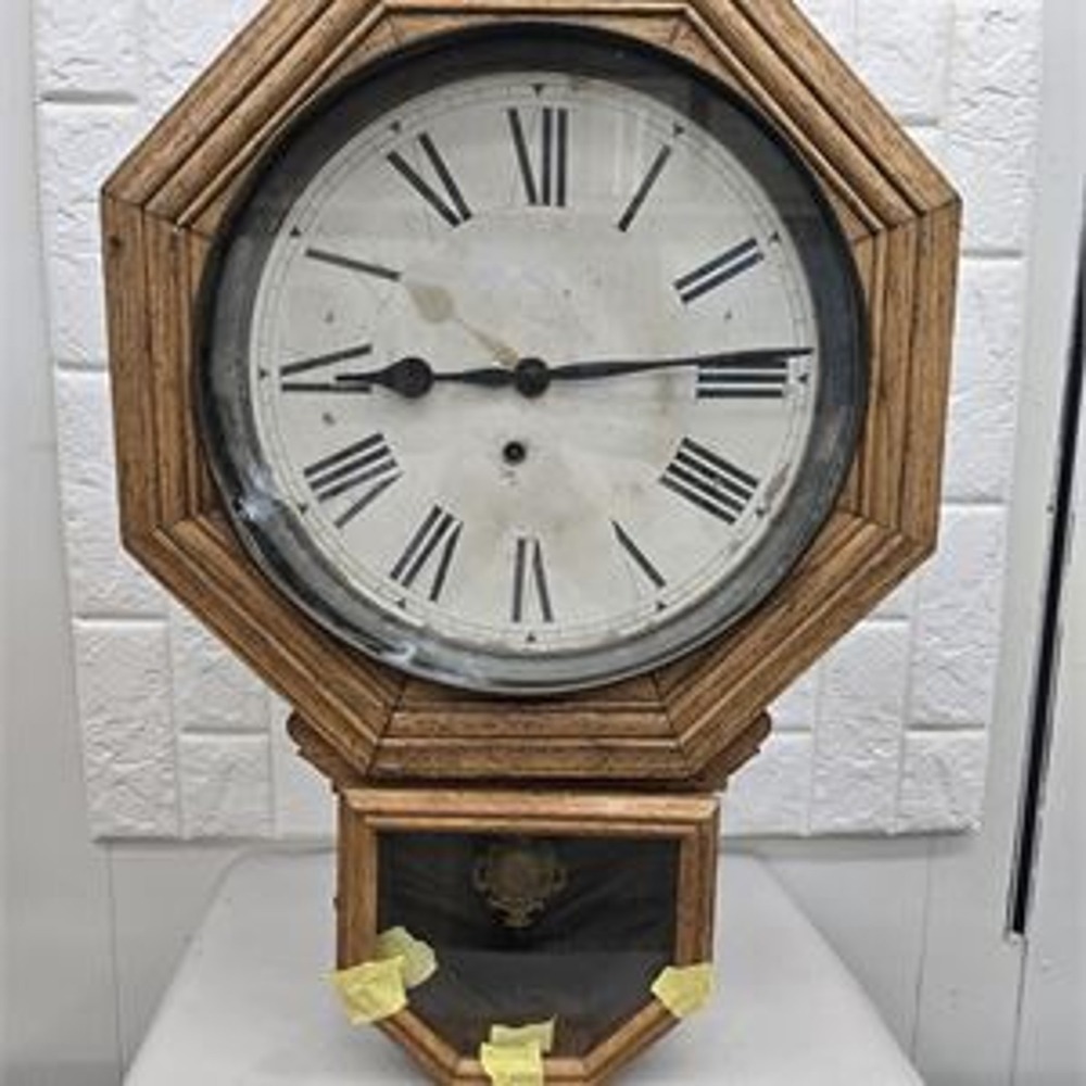 Vintage Ingraham Co Connecticut Drop Octagon Wood Wall Clock AS IS Repair